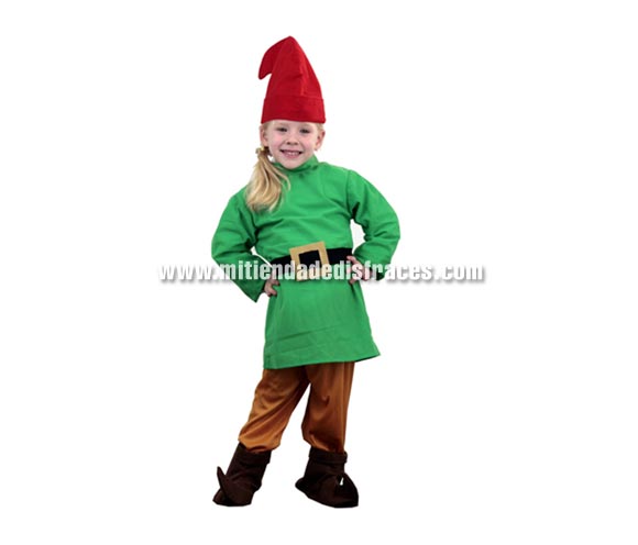 Disfraz de Enanito infantil. Talla de 4 a 6 años. Incluye gorro, casaca, cinturón, pantalón y cubrebotas. Un disfraz que también sirve para disfrazar a los niños de Duendes en Navidad.