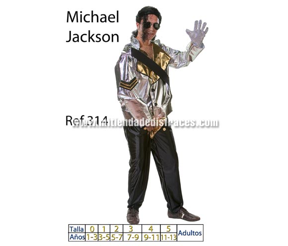 Disfraz de Michael Jackson Moonwalker adulto. Talla Universal de adultos. Incluye disfraz completo con peluca. Gafas NO incluidas, podrás verlas en la sección Complementos. Un disfraz para Grupo, Peña o Comparsa muy de moda y que dará muchos premios éste año. ATENCIÓN grupos: Posibilidad de hacer en tallas de niños y rebaja de precio según cantidad de disfraces solicitada.