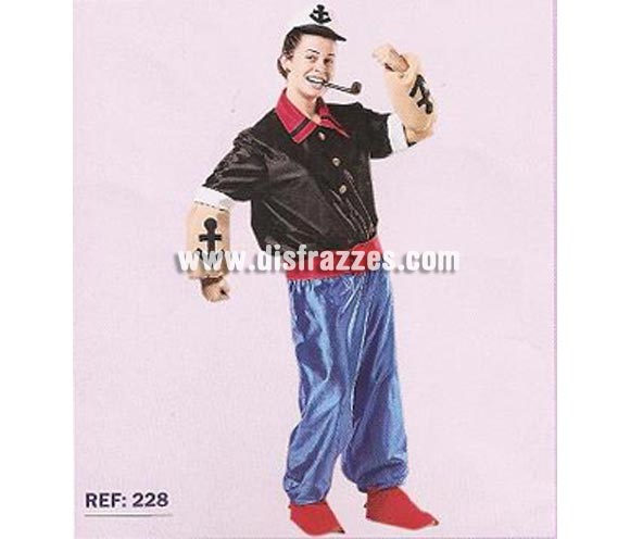 Disfraz de Popeye para adultos. Talla Universal de mujer (44) y de hombre (50). Incluye disfraz completo con músculos. Pipa NO incluida. Disfraz para Grupo, Peña o Comparsa. ATENCIÓN grupos: consultar posibilidad de hacer en tallas de niños y precios según la cantidad de disfraces solicitada.