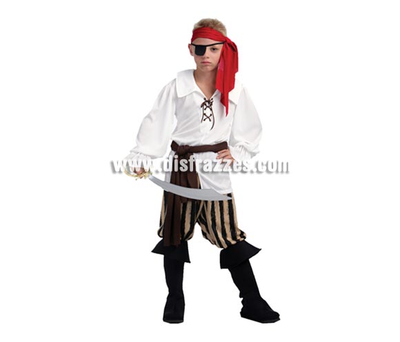 Disfraz de Capitán Pirata infantil. Talla de 7 a 9 años. Incluye camisa, pantalón, cubrebotas, pañuelo y fajin. Espada NO incluida, podrás verla en la sección de Complementos.