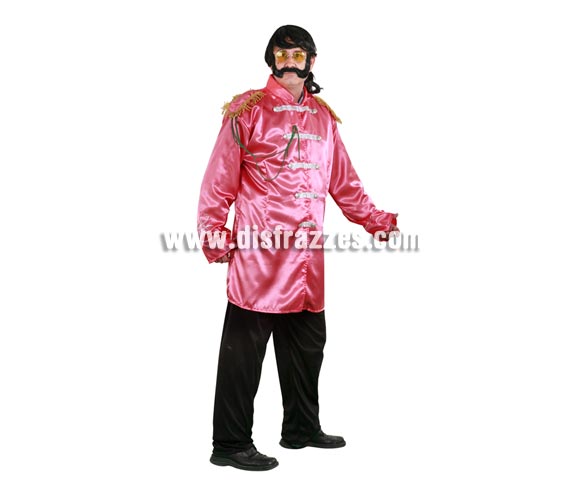 Disfraz barato de Estrella del Pop color salmón adulto. Talla única 52/54. Incluye casaca y pantalón. Peluca, bigote y gafas NO incluidos, podrás ver éstos artículos en la sección Complementos. Con éste disfraz irás vestido igual que Los Beatles y serás el centro de la Fiesta.