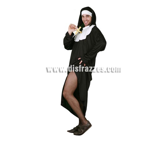 Disfraz barato de Monja adulto para hombre. Talla única 52/54. Incluye cofia y vestido. Un disfraz ideal para Despedidas y cachondeo. Cruz NO incluida, podrás verlas en la sección de Complementos.