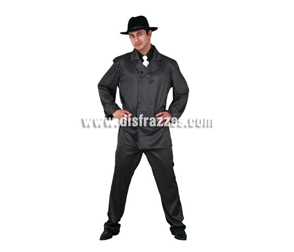 Disfraz barato de Ganster para hombre. Talla 
standar 52/54. Incluye camisa, corbata, chaqueta y pantalón. Sombrero NO incluido, podrás verlos en la sección de Complementos en Sombreros, gorros y Diademas. Disfraz de Alcapone adulto.