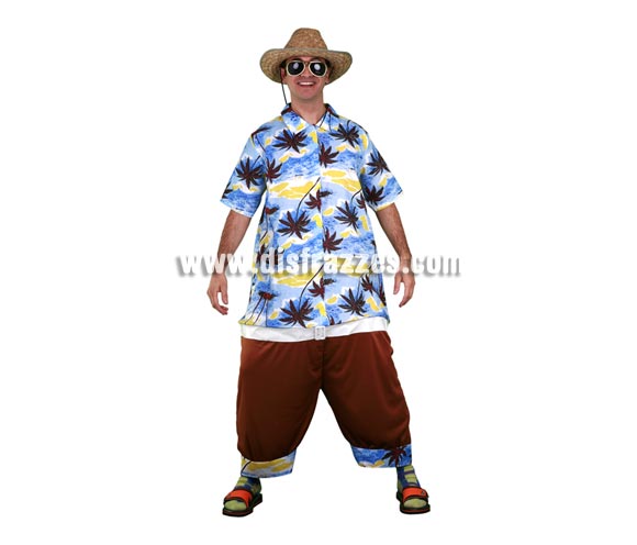 Disfraz barato de Turista Gordinflón adulto. Talla única 52/54. Incluye traje entero con aro. Sombrero y Gafas NO incluidos. Disfraz de Hawaiano gordo para hombre, ideal para disfrazarse en verano y para Despedidas de Soltero.