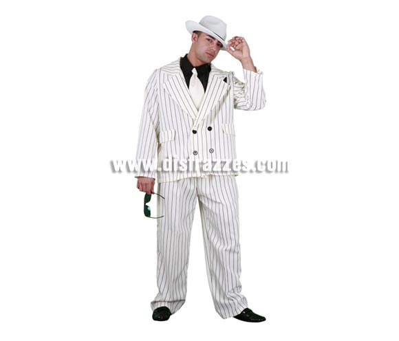 Disfraz de Gánster blanco adulto. Talla única 52/54. Incluye sombrero, chaqueta, pantalones y pechera con corbata. Gafas NO incluidas.