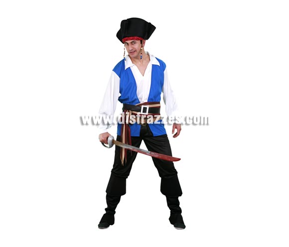 Disfraz de Pirata del Caribe adulto. Talla standar M-L 52/54. Incluye sombrero, camisa, pantalones con botas de tela, 2 cinturones y fajín. Espada NO incluida, podrás ver espadas en la sección de Complementos.