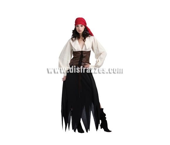 Disfraz de Pirata para mujer. Talla standar 38/42. Incluye vestido con body de una pieza y bandana o pañuelo de la cabeza.