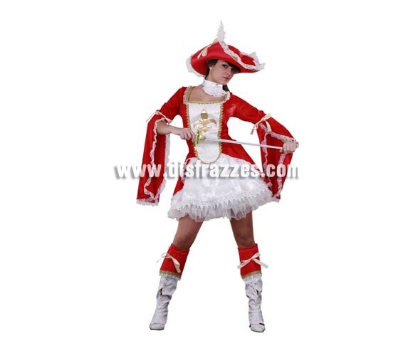 Disfraz de Lady Mosquetera adulta. Talla standar 38/42. Incluye vestido, gargantilla, sombrero, cubrebotas y enagua. Espada NO incluida, podrás ver espadas en la sección de Complementos. Disfraz de Mosquetera Sexy para mujer.