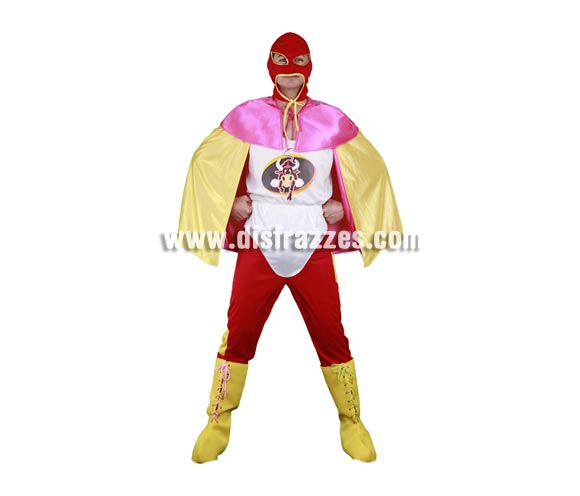 Disfraz de Superhéroe Spanish para hombre. Talla Standar M-L = 52/54. Incluye capucha, camiseta, calzoncillo, pantalones, cubrebotas y capa. Disfraz muy cachondo perfecto para Despedidas de Soltero. o Superhéroe Gañán.