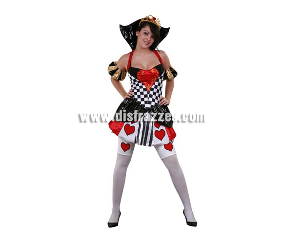 Disfraz de Reina de Corazones adulta. Talla standar M-L 38/42. Incluye tocado, vestido con cuello, mangas, enaguas y ligas. Un disfraz muy Sexy ideal también para Despedidas.