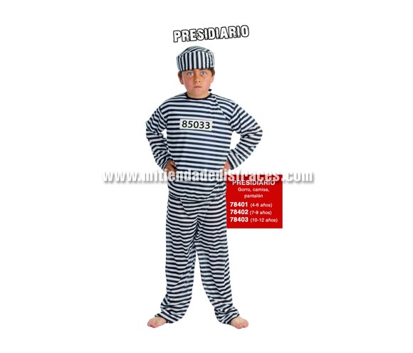 Disfraz de Presidiario infantil. Talla de 4 a 6 años. Incluye gorro, camisa y pantalón. Disfraz de Prisionero para niño.
