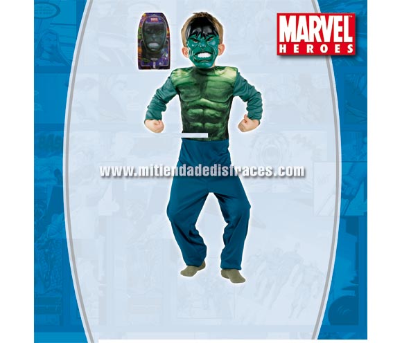 Disfraz de Hulk infantil. Disponible en varias tallas. Incluye disfraz y careta. Disfraz con licencia ideal para pedir a los Reyes Magos o Papa Noel. Presentación en blister.