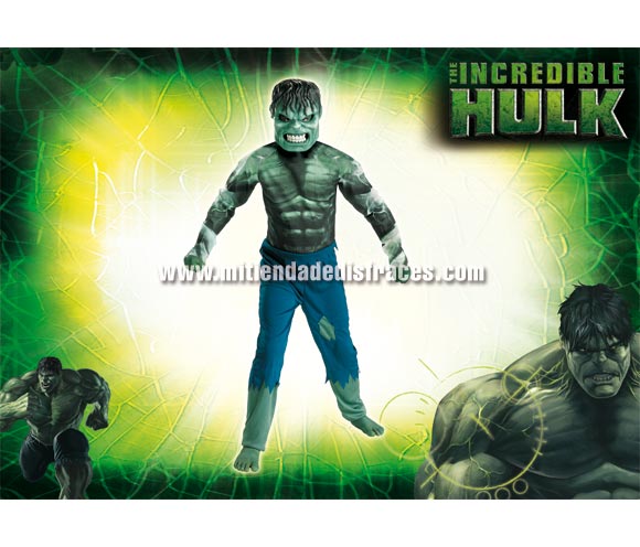 Disfraz de Hulk infantil. Disponible en varias tallas. Incluye disfraz y careta. Disfraz con licencia ideal para pedir a los Reyes Magos o Papa Noel. Presentación en percha y bolsa.