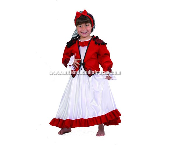 Disfraz de Goyesca infantil. Alta calidad. Hecho en España. Disponible en varias tallas. Incluye vestido, chaquetilla, redecilla y tocado de la cabeza.
