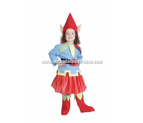 Disfraz de Enanita o Duende infantil. Alta calidad. Hecho en España. Disponible en varias tallas. Incluye gorro con orejas, camisa con cuello, cinturón y falda. Disfraz de Duende para Navidad. Se puede confeccionar en más tallas para grupos, consultar.