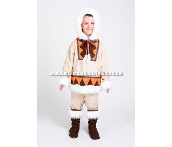 Disfraz de Esquimal infantil niño. Alta calidad. Hecho en España. Disponible en varias tallas. Incluye chaqueta con capucha, pantalones y cubrebotas. 