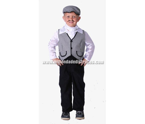 Disfraz de Chulapo infantil. Alta calidad. Hecho en España. Disponible en varias tallas. Incluye gorra, camisa, pañuelo, chaleco y pantalones.