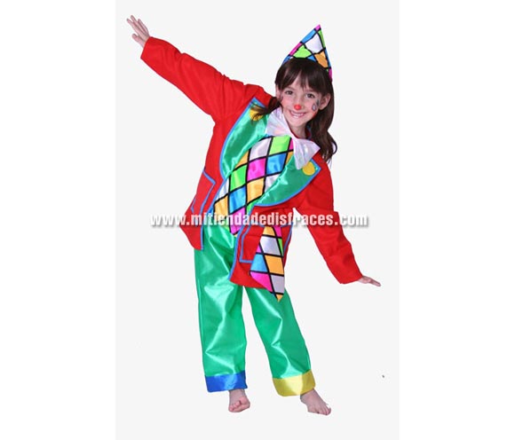 Disfraz de Payasito o Payaso infantil. Alta calidad. Hecho en España. Disponible en varias tallas. Incluye pantalones, camisa, pajarita y gorro.