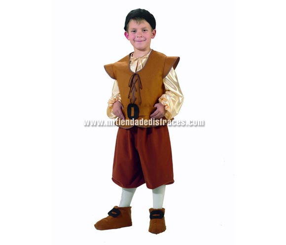 Disfraz de Escudero o Sancho Panza infantil. Alta calidad. Hecho en España. Disponible en varias tallas. Incluye gorro, camisa, chaleco, cinturón, pantalones y cubrepies.