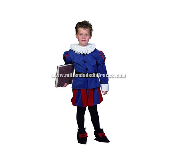 Disfraz de Cervantes infantil. Alta calidad. Hecho en España. Disponible en varias tallas. Incluye cuello, chaqueta, cinturón, pantalones y cubrepies.