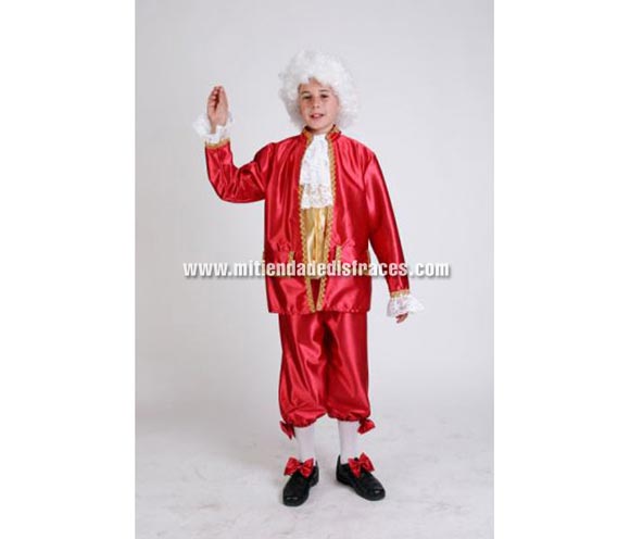 Disfraz de Época infantil niño. Disfraz de Mozart infantil. Alta calidad. Hecho en España. Disponible en varias tallas. Incluye lazos para los zapatos. Peluca NO incluida, podrás verla en la sección Pelucas.