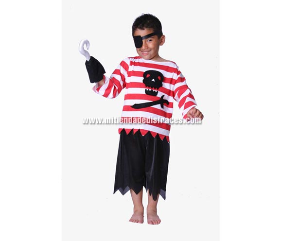 Disfraz de Pirata Garfio infantil niño. Buena calidad. Hecho en España. Disponible en varias tallas. Incluye parche, camisa, pantalón y garcio de tela.