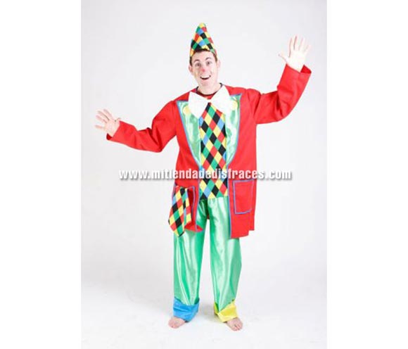 Disfraz de Payaso adulto. Alta calidad. Hecho en España. Talla única 52/56. Incluye gorro, camisa, chaqueta, pajarita y pantalón.
