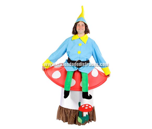 Disfraz de Duende sobre seta adulto. Alta calidad. Hecho en España. Talla única 52/56. Incluye disfraz completo y gorro. Disfraz de Enanito o Gnomo para hombre.