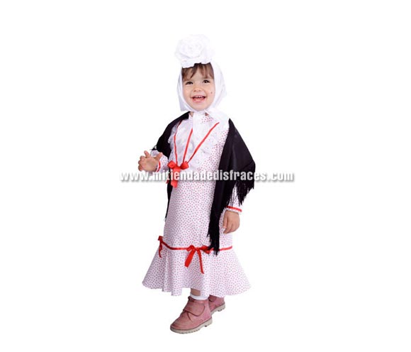 Disfraz de Madrileña bebé. Talla de 18 meses. Alta calidad. Hecho en España. Incluye mantón, vestido y pañuelo. Flor NO incluida, podrás verla en la sección Complementos.