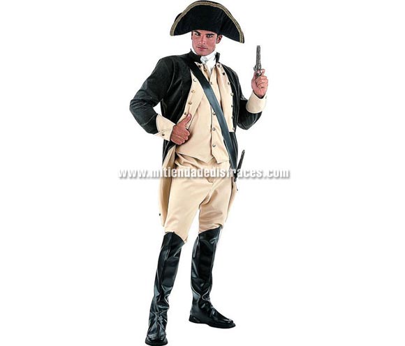 Disfraz de George Washington Extralujo. Alta calidad en telas y acabados. Fabricado en España. Disponible en varias tallas. Incluye pantalón, cubrebotas, pañuelo, sombrero y casaca con pañuelo. Pistola NO incluida, podrás verla en la sección Complementos.