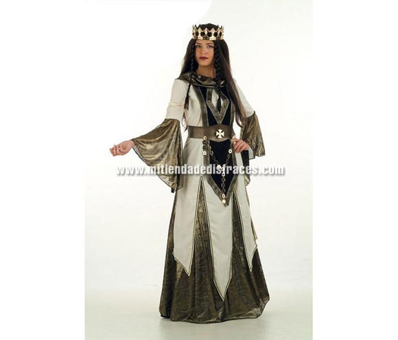Disfraz de Reina de las Cruzadas Medieval Extralujo. Alta calidad en telas y acabados. Fabricado en España. Disponible en varias tallas. Incluye falda, cinturón y casaca. Corona NO incluida, podrás verla en la sección Complementos.