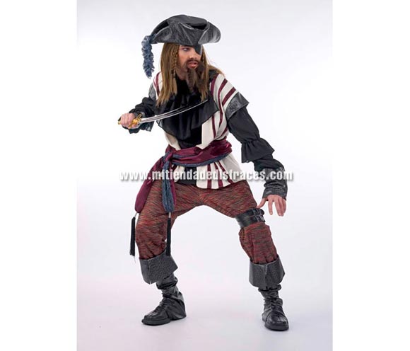 Disfraz de Pirata Corsario Extralujo. Alta calidad en telas y acabados. Fabricado en España. Disponible en varias tallas. Incluye camisa, pantalón, cubrebotas, sombrero, fajín, chaleco, parche y adorno de la pierna. Espada NO incluida, podrás verla en la sección Complementos.