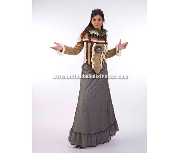 Disfraz de Isabel de Castilla o Isabel la Católica Extralujo. Alta calidad en telas y acabados. Fabricado en España. Disponible en varias tallas. Incluye camisa con corpiño, falda, cuello y corona.