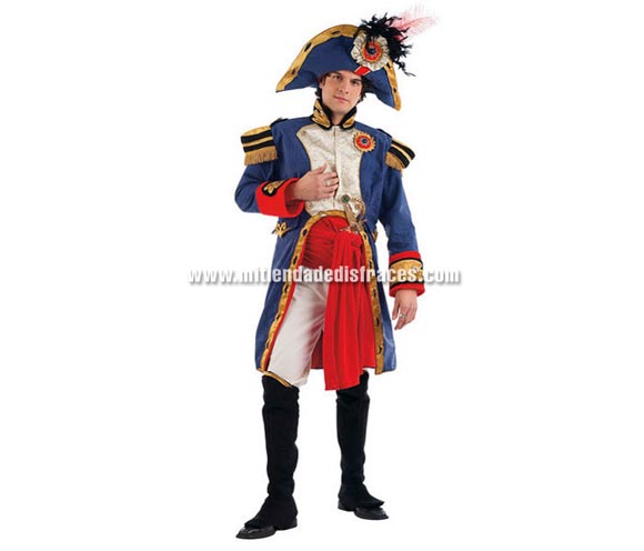 Disfraz de Napoleón Extralujo. Alta calidad en telas y acabados. Fabricado en España. Disponible en varias tallas. Incluye pantalón, cubrebotas, sombrero, casaca y fajín.