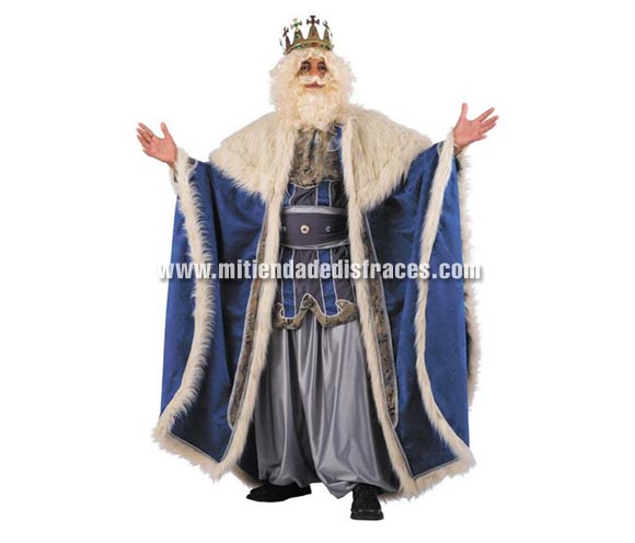 Disfraz de Rey Mago Melchor adulto extralujo. Altísima calidad, hecho en España. Disponible en varias tallas. Incluye pantalón, capa, cinturón, casaca, corona, peluca y barba. Disfraa de Melchor para Cabalgatas de Reyes Magos de Ayuntamientos.
