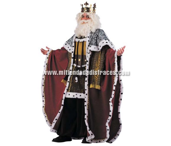 Disfraz de Rey Mago Gaspar extralujo. Altísima calidad. Hecho en España. Disponible en varias tallas. Incluye pantalón, capa, cinturón, casaca, corona, peluca y barba.