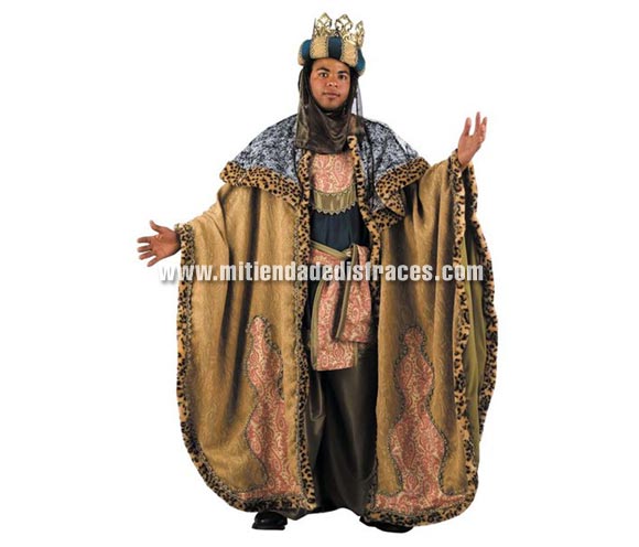 Disfraz de Rey Mago Baltasar adulto extralujo. Altísima calidad, hecho en España. Disponible en varias tallas. Incluye pantalón, capa, turbante, casaca, corona y fajín.