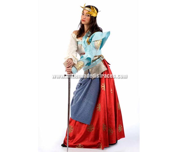 Disfraz de Juana de Arco Extralujo. Alta calidad en telas y acabados. Fabricado en España. Disponible en varias tallas. Incluye camisa, falda, cinturón, diadema, mangas y coraza. Espada NO incluida.