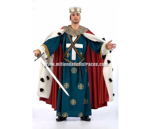 Disfraz de Ricardo Corazón de León Extralujo. Alta calidad en telas y acabados. Fabricado en España. Disponible en varias tallas. Incluye capa, cinturón, túnica y casquete. Espada NO incluida.