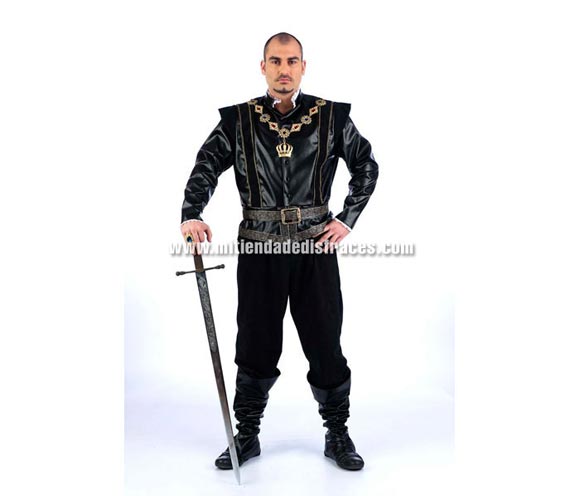 Disfraz de Enrique VIII (Tudor) Extralujo. Alta calidad en telas y acabados. Fabricado en España. Disponible en varias tallas. Incluye pantalón, cinturón, cubrebotas y chaqueta. Espada y collar NO incluidos.