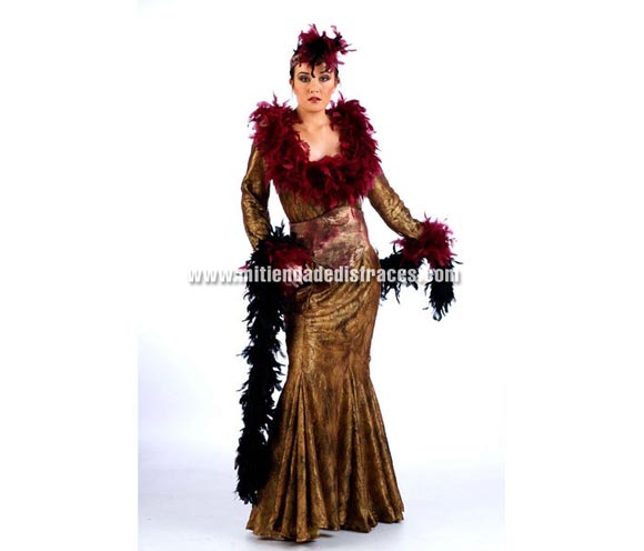 Disfraz de Mata Hari Extralujo. Alta calidad en telas y acabados. Fabricado en España. Disponible en varias tallas. Incluye vestido, cinturón, puños y turbante.