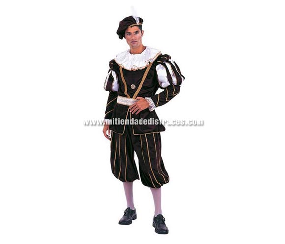 Disfraz de Época Príncipe Extralujo. Alta calidad en telas y acabados. Fabricado en España. Disponible en varias tallas. Incluye pantalón, gorro, cinturón y casaca con cuello.