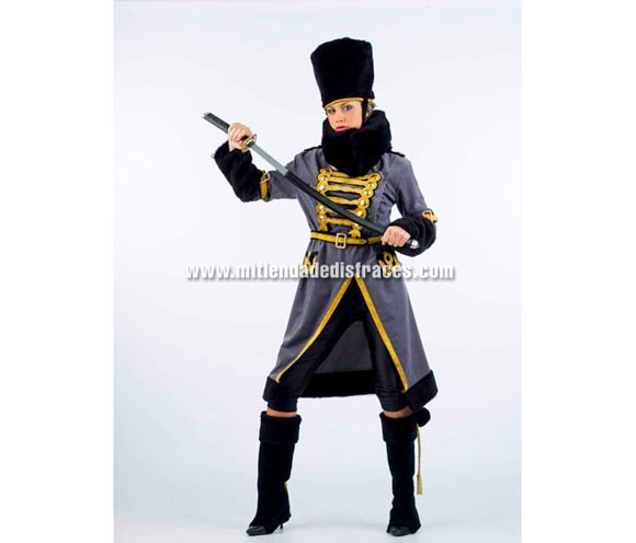 Disfraz de Cosaca Superluxe. Alta calidad en telas y acabados. Fabricado en España. Disponible en varias tallas. Incluye pantalón, gorro, cinturón, cubrebotas, manguitos, chaqueta, cuello y top. Espada NO incluida, podrás verla en la sección Complementos.