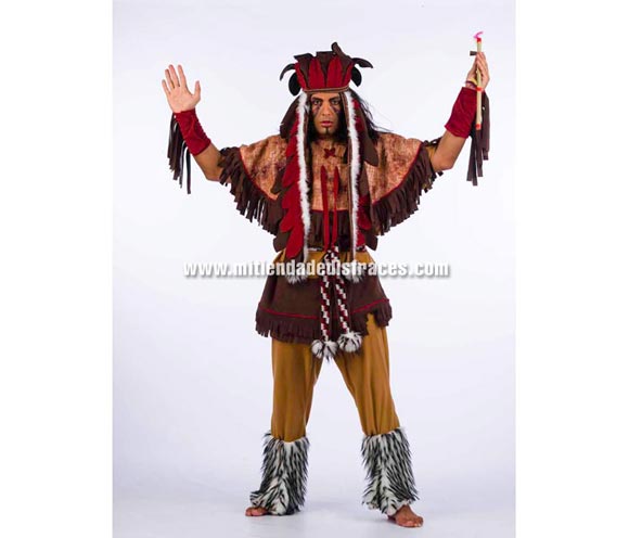 Disfraz de Indio Powhatan Superluxe. Alta calidad en telas y acabados. Fabricado en España. Disponible en varias tallas. Incluye manguitos, casaca con cinturón, diadema, pantalón con cubrebotas y poncho. Pipa NO incluida, podrás verla en la sección Complementos. Padre de Pocahontas.