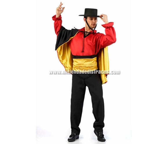 Disfraz de Flamenco Superluxe. Alta calidad en telas y acabados. Fabricado en España. Disponible en varias tallas. Incluye camisa, pantalón, capa y fajín. Sombrero NO incluido.