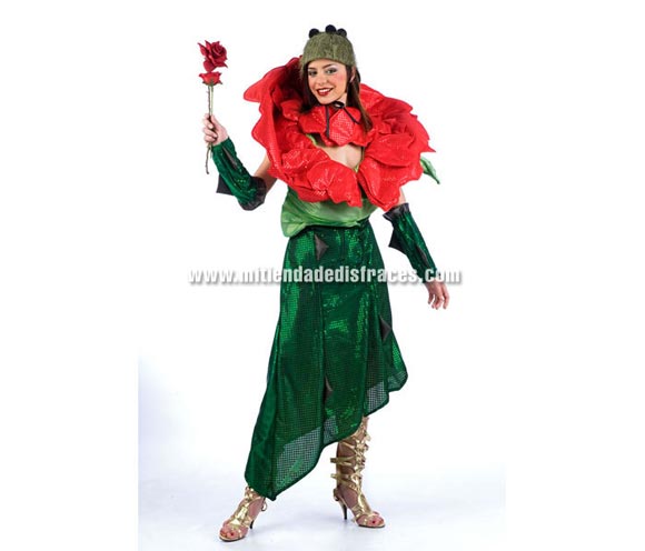 Disfraz de Flor (Rosa) Superluxe. Alta calidad en telas y acabados. Fabricado en España. Disponible en varias tallas. Incluye vestido, gorro, manguitos y cuello.