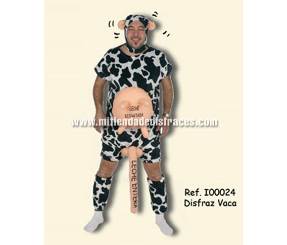 Disfraz de Vaca con sorpresa adulto. Talla Universal. Incluye capucha, calentadores y mono con Sorpresa e impresiones LECHE DESNATADA y LECHE ENTERA. Un disfraz ideal para Despedidas de Soltero.
