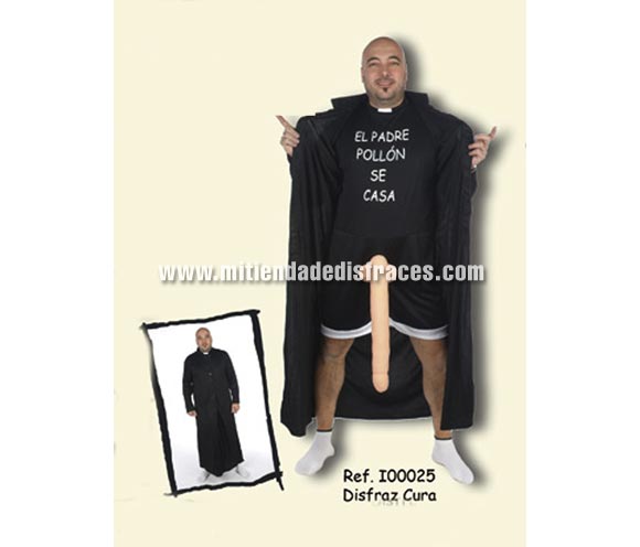Disfraz de Cura adulto. Talla Universal. Incluye Sotana y mono con Sorpresa e impresión EL PADRE POLLÓN SE CASA. Un disfraz ideal para Despedidas de Soltero.