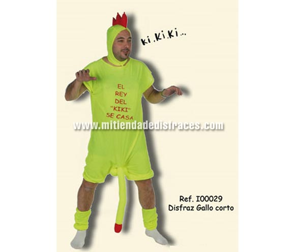 Disfraz de Gallo corto con sorpresa adulto. Talla Universal. Incluye capucha, calentadores y mono con Sorpresa e impresión EL REY DEL KIKI SE CASA. Un disfraz ideal para Despedidas de Soltero. Disfraz de Pollo nuevo para hombre.