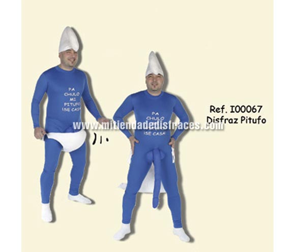 Disfraz de Pitufo adulto con sorpresa. Talla Universal. Incluye gorro, calzoncillo y mono con sorpresa e impresión PA CHULO MI PITUFO SE CASA. Un disfraz ideal para Despedidas de Soltero.